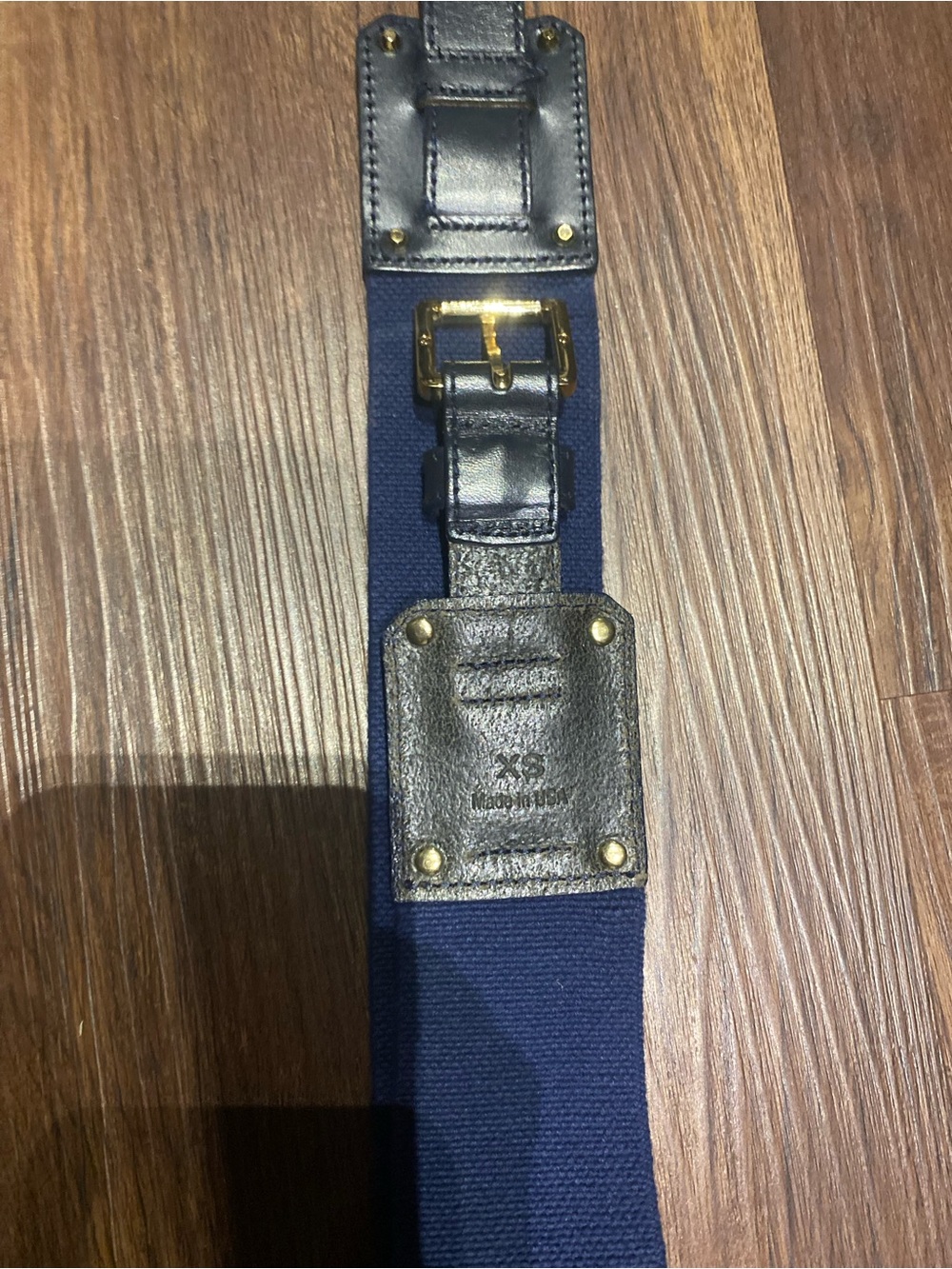 Tory Burch Navy Fabric Belt with Black Leather Accents and Gold Buckle